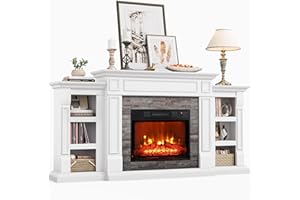 Naice 70" Electric Fireplace with Mantel and Cabinets, Fireplace TV Stand for Living Room Bedroom, Stacked Stone Surround and Remote Control 3D Realistic Flame