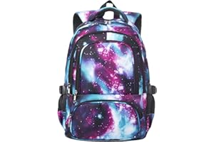 BLUEFAIRY Galaxy Backpack for Girls Elementary School Bag For Kids Child Primary Book Bags Sky Space Print Durable Gifts Presents Travel Mochila Para Niñas 17Inch (Purple)