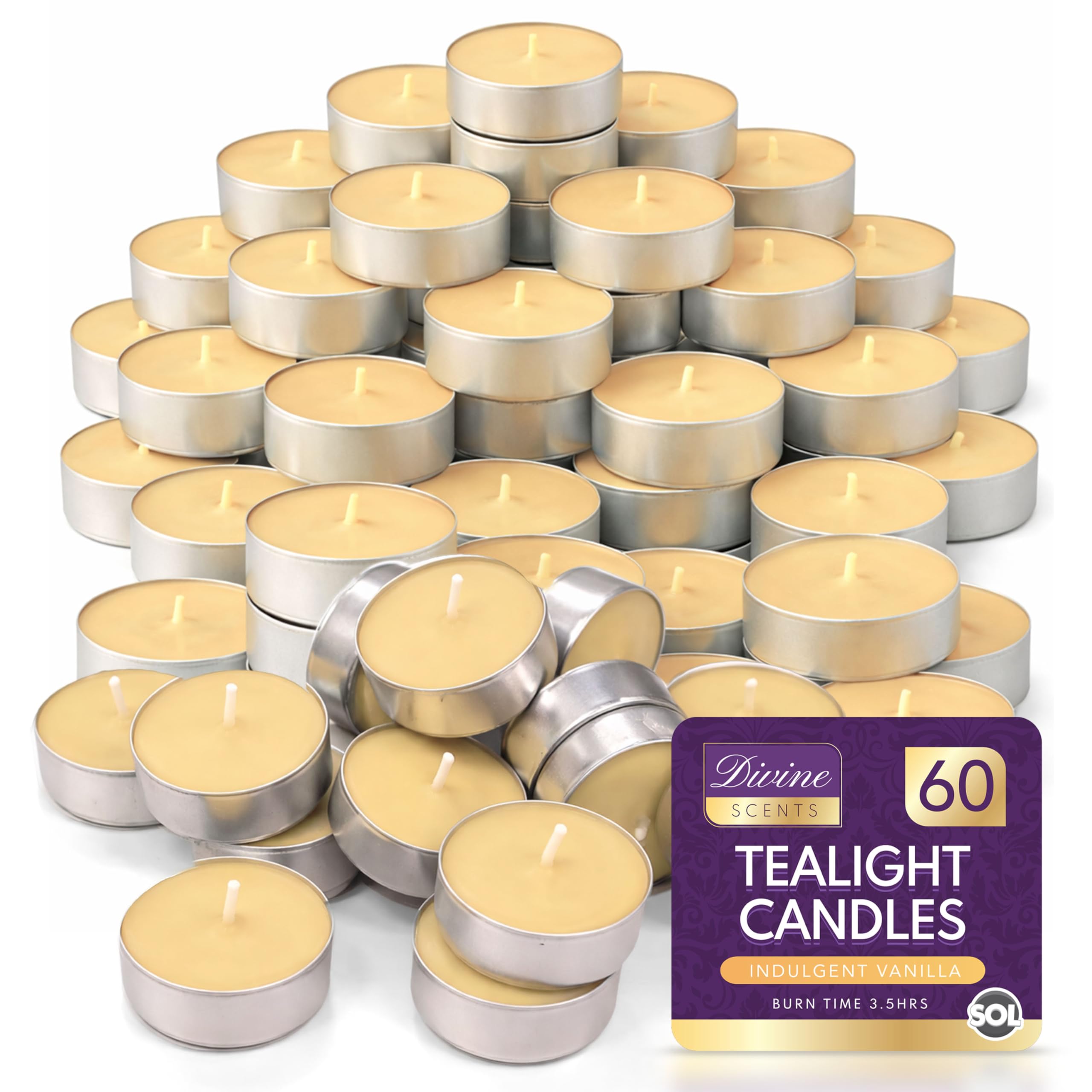 SOL 60pk Indulgent Vanilla Scented Tea Light Candles Long Burning – 3.5 Hour Burn Time, Ideal for Home, Relaxation, Massage, Romantic Dinners, Weddings & Anniversaries, Festive Decor & Cosy Evenings