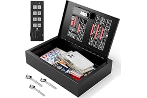Grimtron Fireproof Lock Boxes for Personal Items, Electronic Small Safe Box with Key, Safety Deposit Box for Valuables, Passport, Medicine, Cash, Wallet for Home Office Travel Use