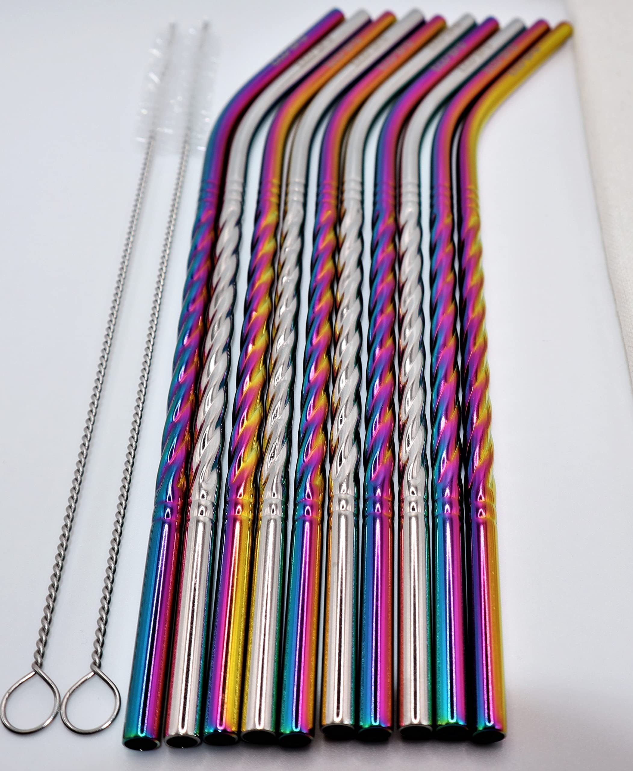 Stainless Steel Drinking Straw Set - Reusable - 10 Pack Luxurious Spiral Straws - 6 Rainbow + 4 Silver