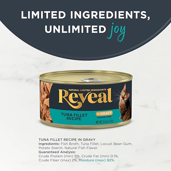 REVEAL NATURAL WET CANNED CAT FOOD, LIMITED AND NATURAL INGREDIENTS, GRAIN FREE, HIGH PROTEIN WITH NO ARTIFICIAL ADDITIVES, TUNA IN GRAVY (24 X 2.47 OZ CANS)
