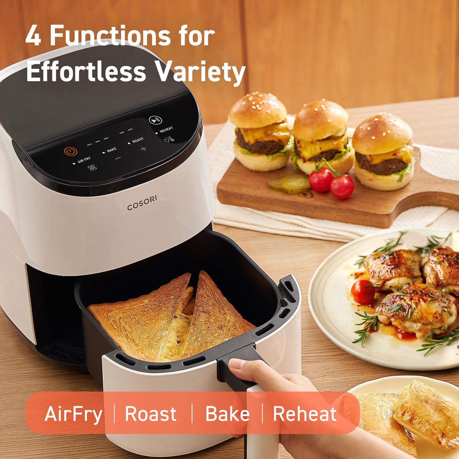 COSORI Air Fryer 2.1 Qt, mini freidora de aire pequeña 4 en 1, hornear, asar, recalentar, 97% menos aceite, compacta y silenciosa, canasta antiadherente y apta para lavavajillas, 30 recetas en la aplicación con información nutricional, apagado automático, blanca