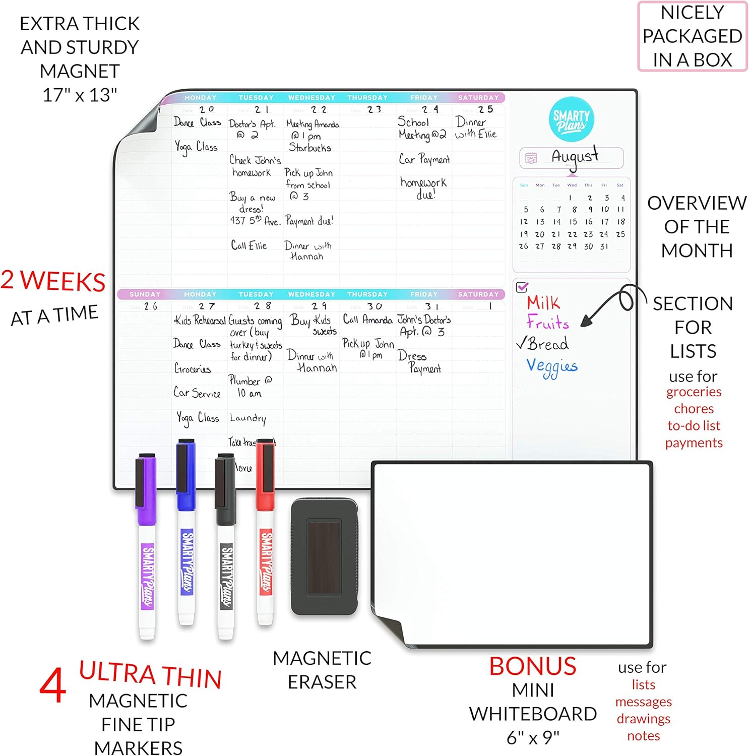 SmartyPlans Dry Erase Weekly Extra Thick Magnetic Calendar for Refrigerator: 17x13" Two Week Planner and 6x9" White Board, 4 Fine Tip Markers and Eraser with Magnets. Stain Resistant. Shipped Flat. : Office Products