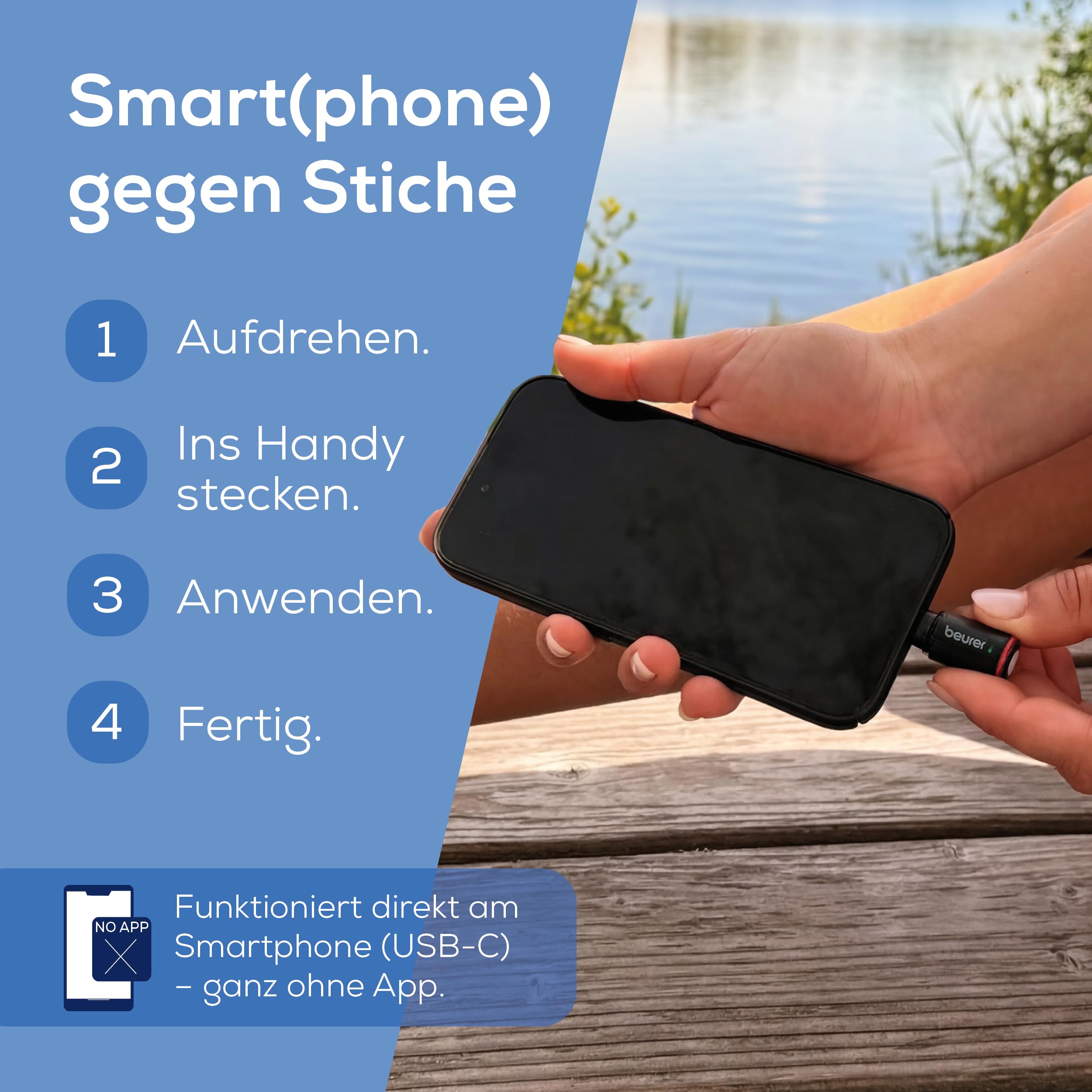 Beurer BiteX Go Deep Black Insektenstichheiler für Smartphone, Mückenstich Hitzestift gegen Juckreiz & Schwellungen durch Wärme, elektrischer Stichheiler Handy für Android & iPhone (USB-C), mit Licht 3