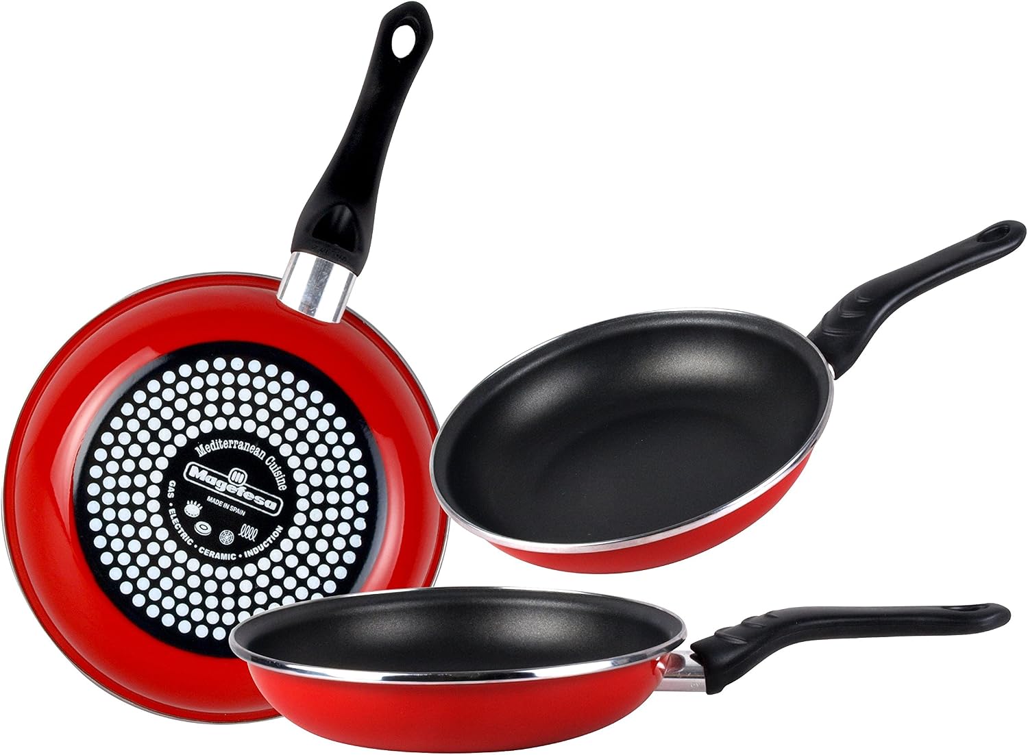 Magefesa Praga Juego de Sartenes 18Ø 20Ø 24Ø de Acero esmaltado, Antiadherente bicapa Reforzado, Color Rojo Exterior. Apta para Todo Tipo de cocinas, incluida inducción, Granate, 18-20-24