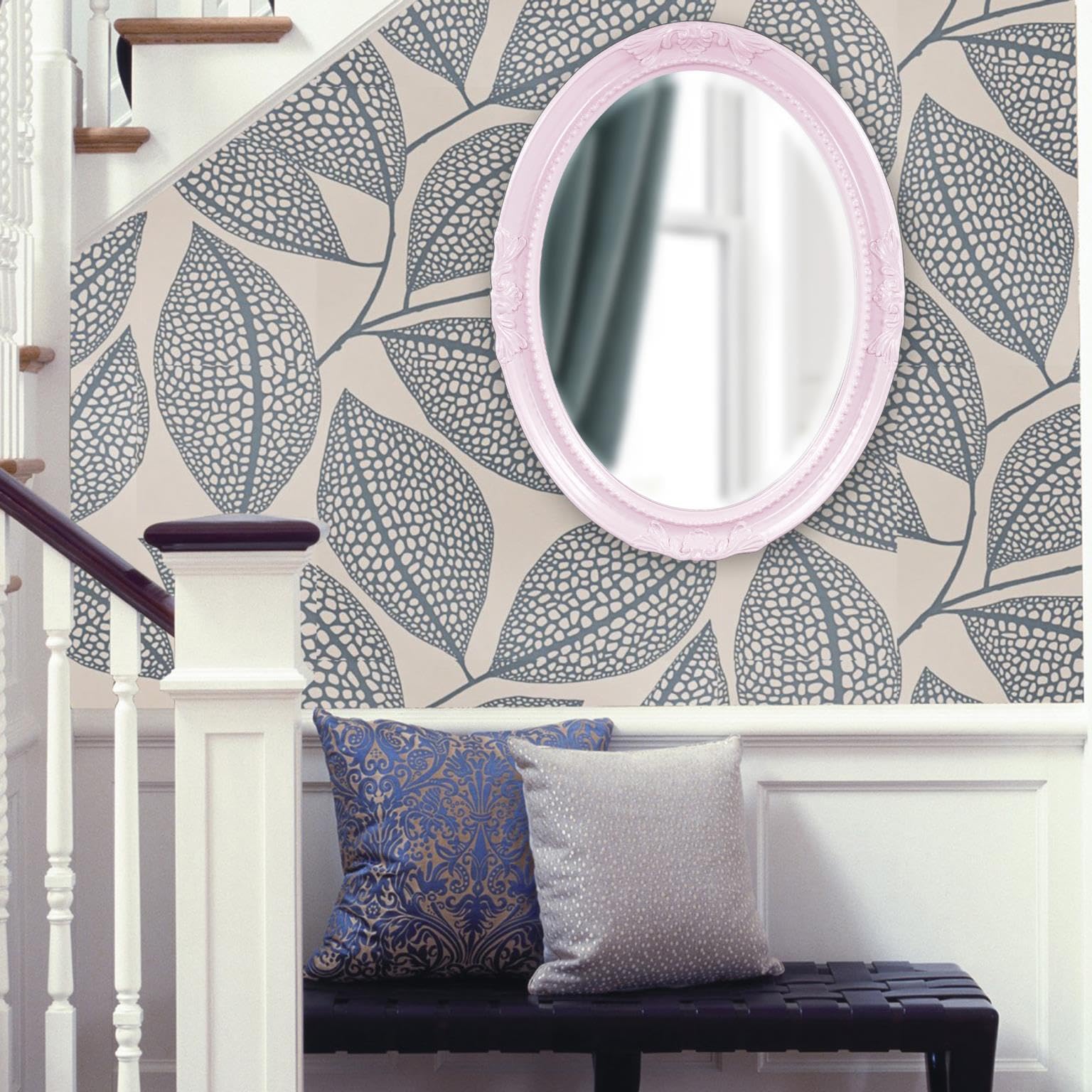 Howard Elliott Queen Ann Oval Glossy Lilac Wall Mirror, Oval Bevelled Hanging Wood Framed Vanity Mirrors for Home Decor, Living Room, Bathroom, Bedroom, or Hallway, 25 x 33 Inch Image