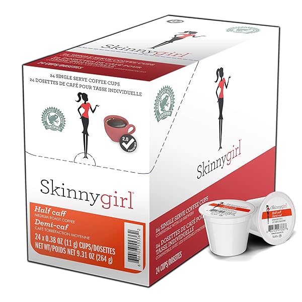 SKINNYGIRL HALF CAFF COFFEE PODS FOR KEURIG K CUPS BREWERS, REDUCED CAFFEINE MEDIUM ROAST COFFEE IN SINGLE SERVE CUPS, 24 COUNT
