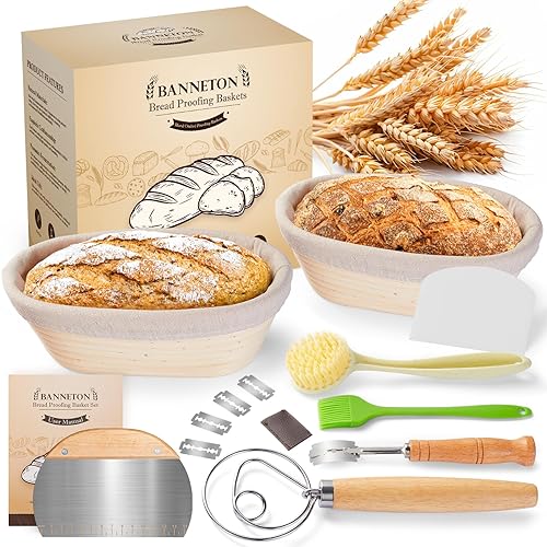 Banneton Bread Sourdough Proofing Basket - Sourdough Starter Kit Set of 2, Sourdough Bread Baking Supplies 10" Oval Set of 2, Bread Proofing Basket with 6 Accessories