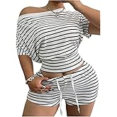 WDIRARA Women's Plus Size 2 Piece Set Striped Off the Shoulder Tee Shorts Outfits Going Out Set