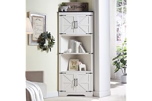 JXQTLINGMU Farmhouse Corner Cabinet, Tall Corner Bathroom Storage Cabinet with Barn Door Design & Adjustable Shelves, for Laundry Room, Living Room, Kitchen,(White)