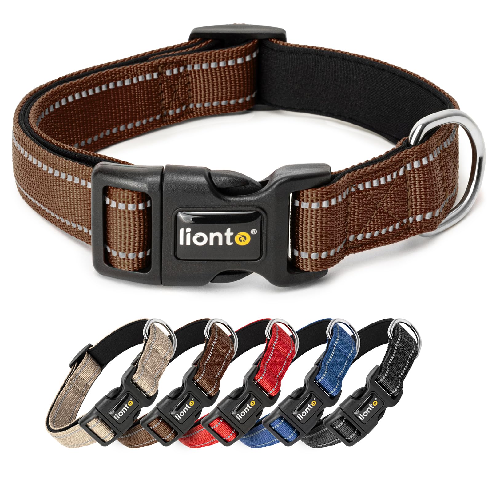 lionto Dog collar made of durable nylon, size XL, soft padded collar for dogs, 360° reflective & click fastener, metal ring & adjustment with stepless slider, brown