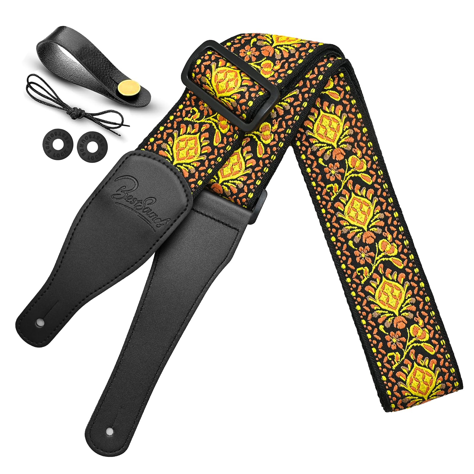 BestSounds Guitar Strap, Jacquard Embroidered Cotton Straps with Leather Ends Shoulder Strap for Bass, Acoustic, Electric Guitar (Jacquard Yellow)