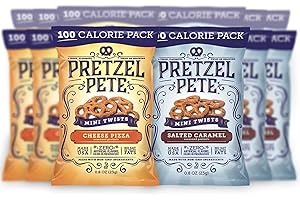 Pretzel Pete Salted Caramel & Cheese Pizza Seasoned Mini Twist Pretzels, 100 Calories, Sampler Pack, Non-GMO, Small Batch, Bold Flavor, 0.8oz (24 Pack)
