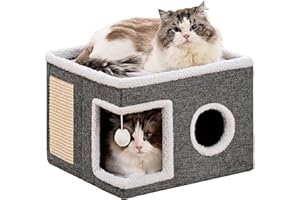 Crispedia Cat Beds for Indoor Cats, Large Cat Cave with Fluffy Ball and Scratch Pad, Foldable Cat Scratch House with Hideaway Condo for Kitten,16x16x13inch,Grey