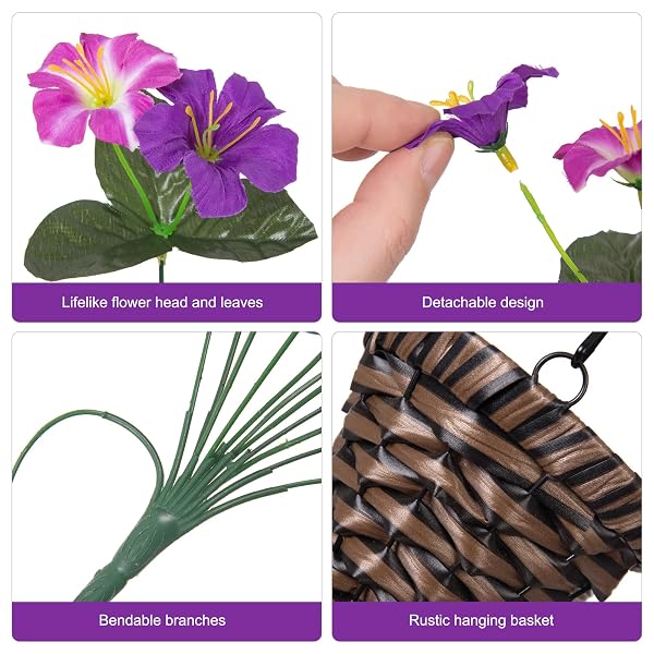 HYEFLORA ARTIFICIAL FLOWERS WITH BASKET FOR OUTDOORS, 3PCS FAUX HANGING MORNING GLORY SILK FAKE FLOWERS LIFELIKE PLANTS UV RESISTANT FLOWERS FOR OUTSIDE PLANTER PATIO GARDEN PORCH DECOR (PURPLE RED)