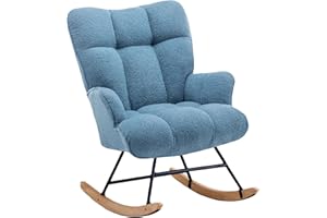 Zedachica Rocking Chair Nursery Teddy Upholstered Glider Rocker Rocking Accent Chair Padded Seat with High Backrest Armchair Comfy Side Chair for Living Room Bedroom Offices (Light Blue Teddy)