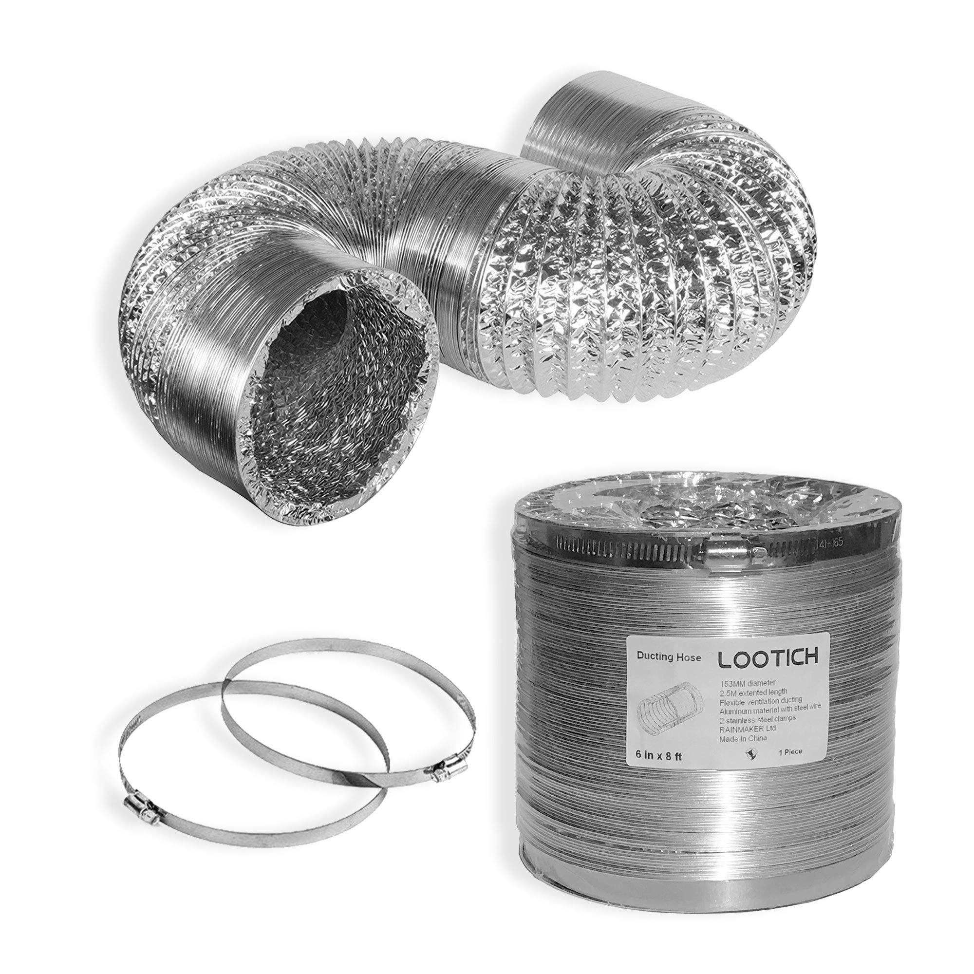 LOOTICH Heavy Duty 6 Inch 8 Feet Non-Insulated Flex Air Aluminum Ducting Vent Hose for HVAC Ventilation 2 Stainless Steel Clamps Included