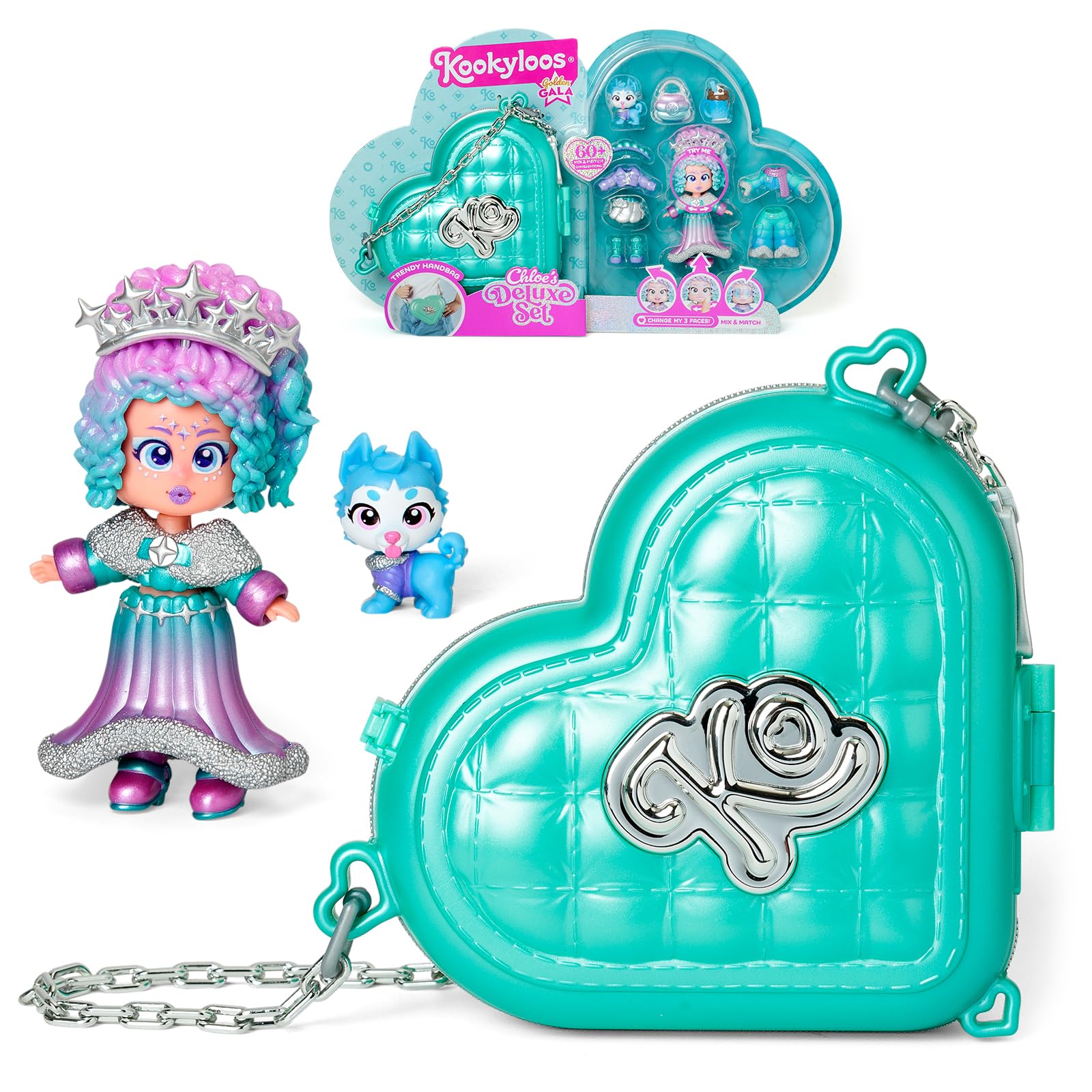 KOOKYLOOS Golden Gala Series CHLOE'S DELUXE SET, Collectable doll from the Golden Gala series. Contains 1 doll, 3 sets of clothes, 2 pairs of shoes, 1 pet and accessories. Includes 1 handbag