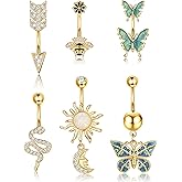 Dochais Belly Buton Rings Surgical Stainless Steel Belly Button Ring for Women Dangle Belly Button Rings Butterfly Cubic Zirconia Navel Barbell Body Piercing