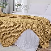 Bigacogo Chunky Knit Throw Blanket for Couch, 51x63 inches, 100% Hand Knitted with Thick Jumbo Chenille Yarn, Cozy Soft Large Rope Knot Cable Crochet Blankets for Sofa Bed Living Room, Goldenrod