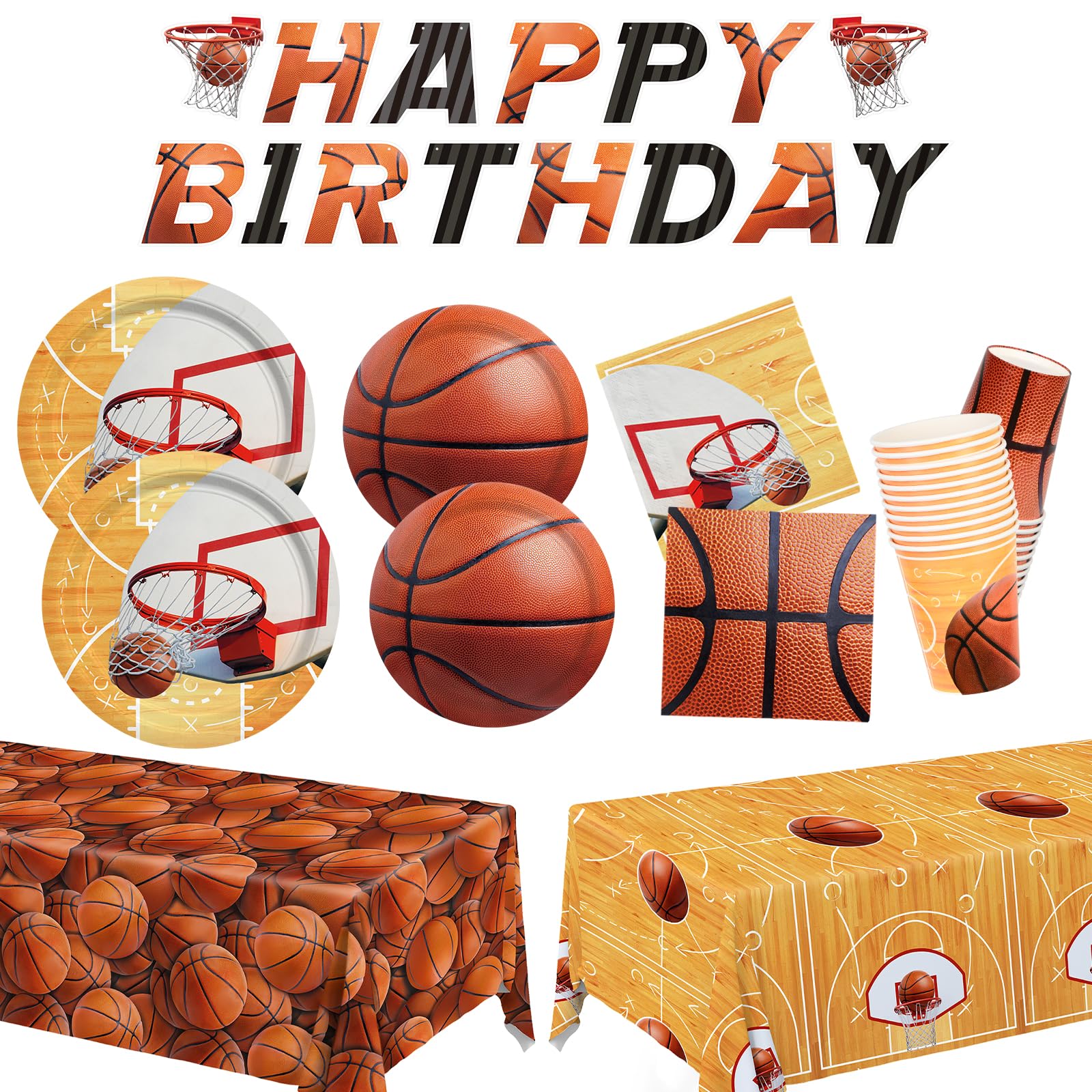 Photo 1 of Gatherfun Basketball Party Supplies Kit for 24 - Basketball Party Decorations with Dinner & Dessert Plates, Napkins, Cups, Banner & Tablecloth - for Basketball Birthday & Sports Party Decorations