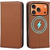 HPOEYNANY Wallet Case for iPhone 17 Pro 6.3", Genuine Leather Flip Folio Case Compatible with Magsafe, RFID Blocking Magnetic Card Holder Kickstand Cover Men Women for iPhone 17 Pro, Brown