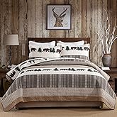 PERHOM Cabin Quilt King Size - 100% Cotton Lodge Cabin King Quilt Bedding Set, Striped Bear Tree Reversible Quilted Bedspread Lightweight Comforter Set with 2 Shams, Wood Brown/Beige, 3PCS