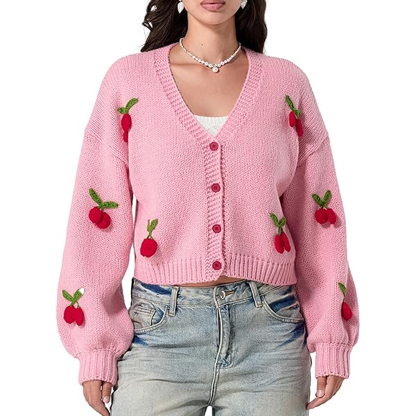 Women's Knit Cropped Cardigan Strawberry Print Dropped