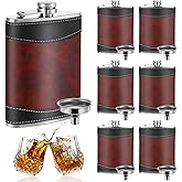 6 Pcs 8 oz Leather Hip Flasks for Liquor for Men Leak Proof Stainless Steel Drinking Flasks Bulk Soft Wrap Whiskey Flask with Funnel for Wedding Bridesmaid Christmas Gifts, Leather Brown