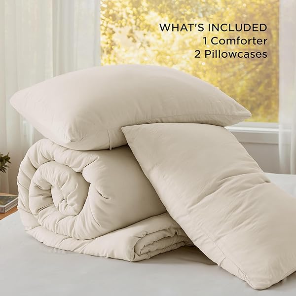 BEDSURE QUEEN COMFORTER SET, CREAM SOFT PREWASHED BEDDING FOR ALL SEASONS, 3 PIECES GENTLESOFT™ BED SET, 1 LIGHTWEIGHT COMFORTER (90″X90″) AND 2 PILLOWCASES (20″X26″)