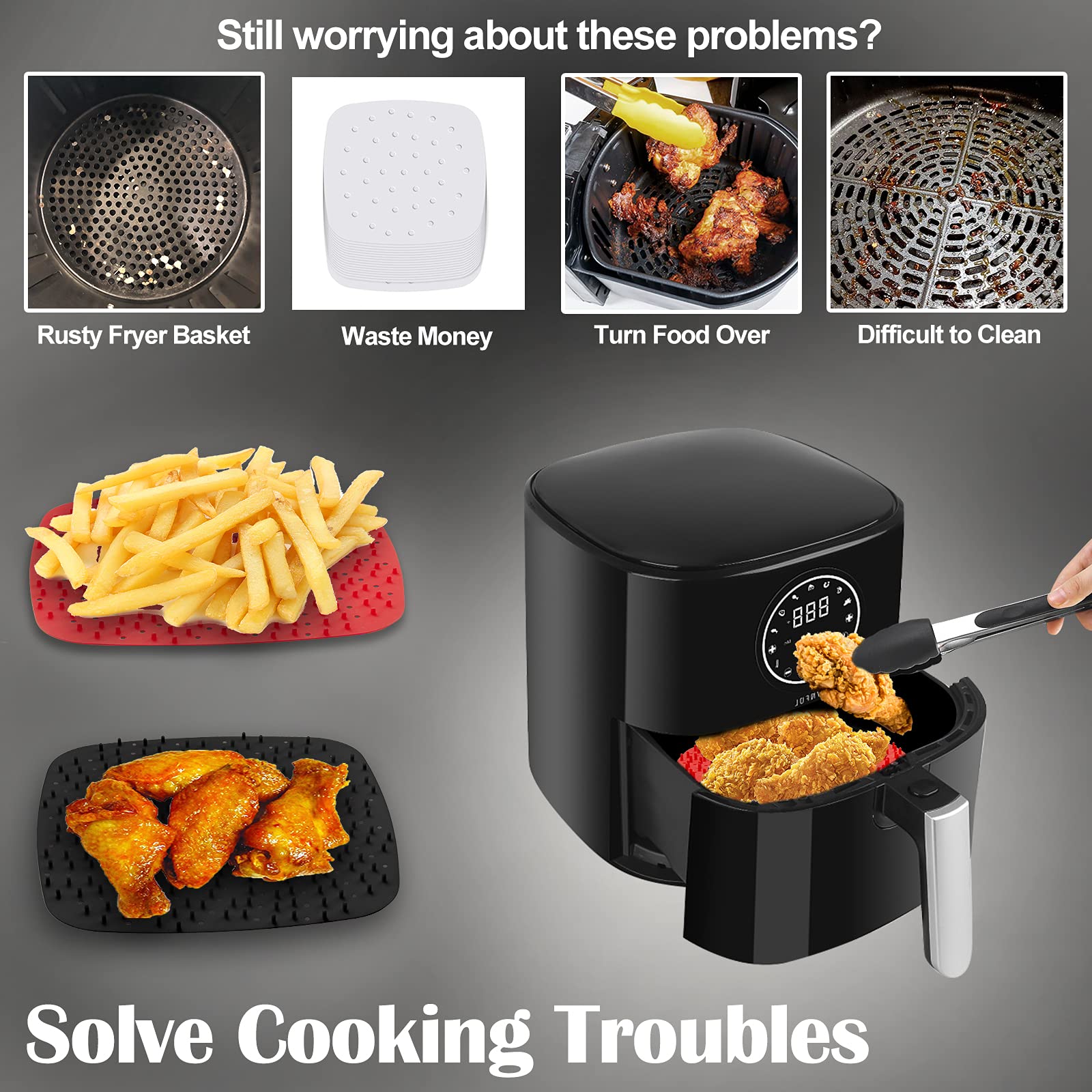 Upgrade Reusable Air Fryer Liners with Raised Silicone | Patented Product | BPA Free Non-Stick Silicone Air Fryer Mats | Air Fryer Silicone Tray Accessories | 2 Size Options – 9 Inch Square