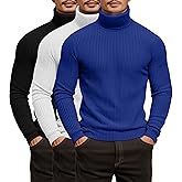 Locoowai 3 Pack Men's Ribbed Turtleneck Shirts, Long Sleeve Mock Neck Lightweight Pullover Sweaters Knit Base Layer Tee Tops