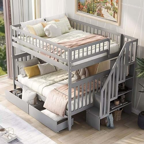 Harper & Bright Designs Full over Full Bunk Bed with Stairs, Solid Wood ...