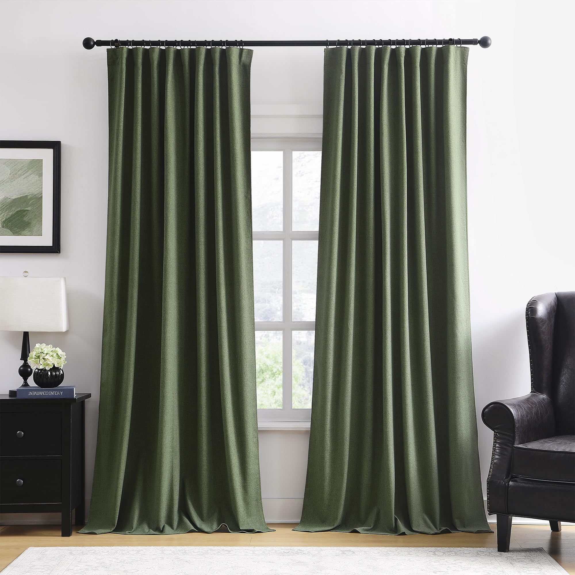 Photo 1 of 102 Inch Long Linen Blended Blackout Curtains 2 Panels, Back Tab Pleated Look Drapes for Track System with Hooks, Noise Reducing Country Blackout Winodw Curtains 50x102-Loden/Olive Green