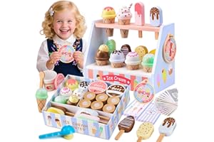 Ehome Wooden Ice Cream Toys Set Pretend Play Food Store for Kids Serve Ice Cream Counter Shop Kitchen Playset with Lucky Wheel, Scoop, Menu, Fake Money for Boys and Girls Ages 3 4 5 6 Birthday Gift
