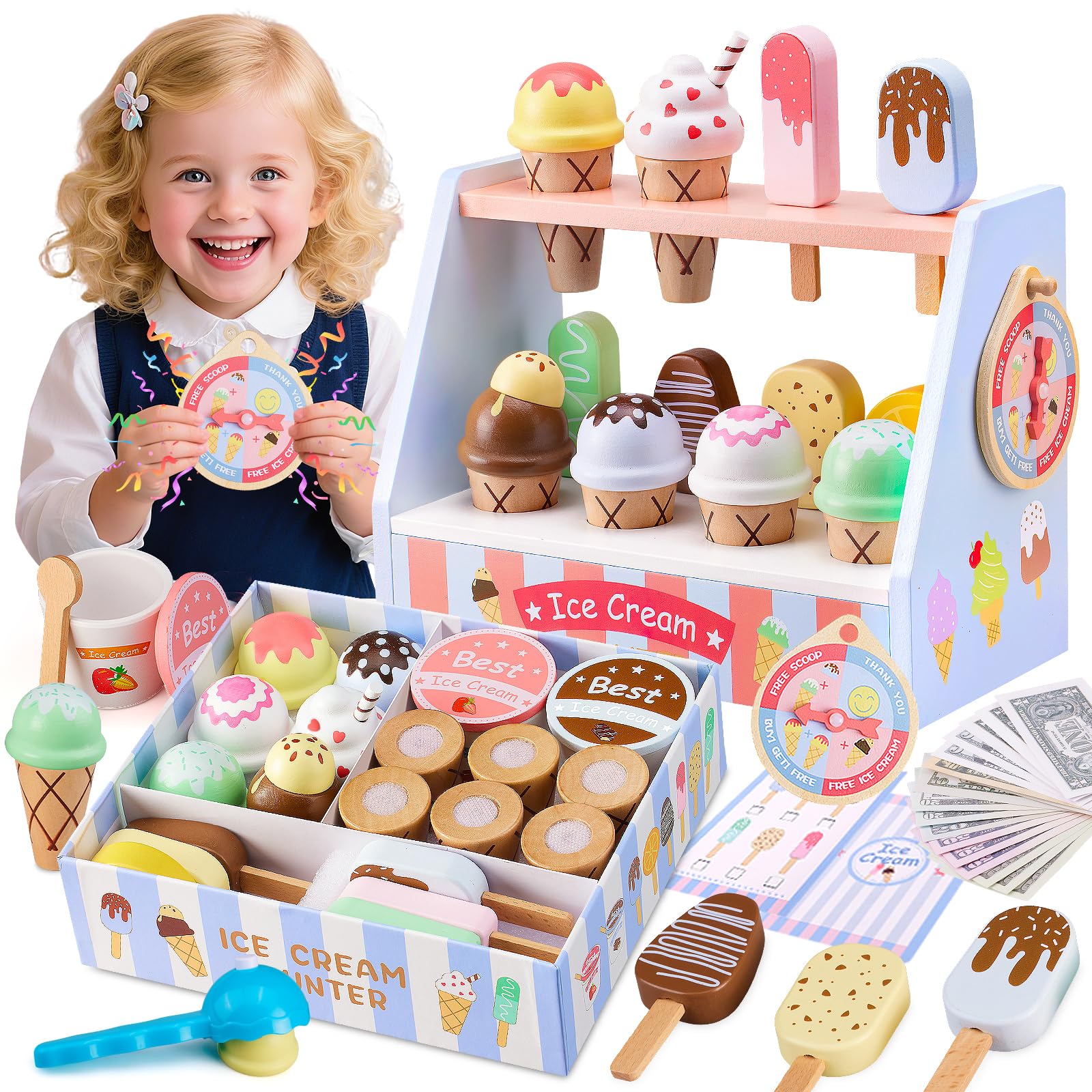 Photo 1 of Ehome Wooden Ice Cream Toys Set Pretend Play Food Store for Kids Serve Ice Cream Counter Shop Kitchen Playset with Lucky Wheel, Scoop, Menu, Fake Money for Boys and Girls Ages 3 4 5 6 Birthday Gift