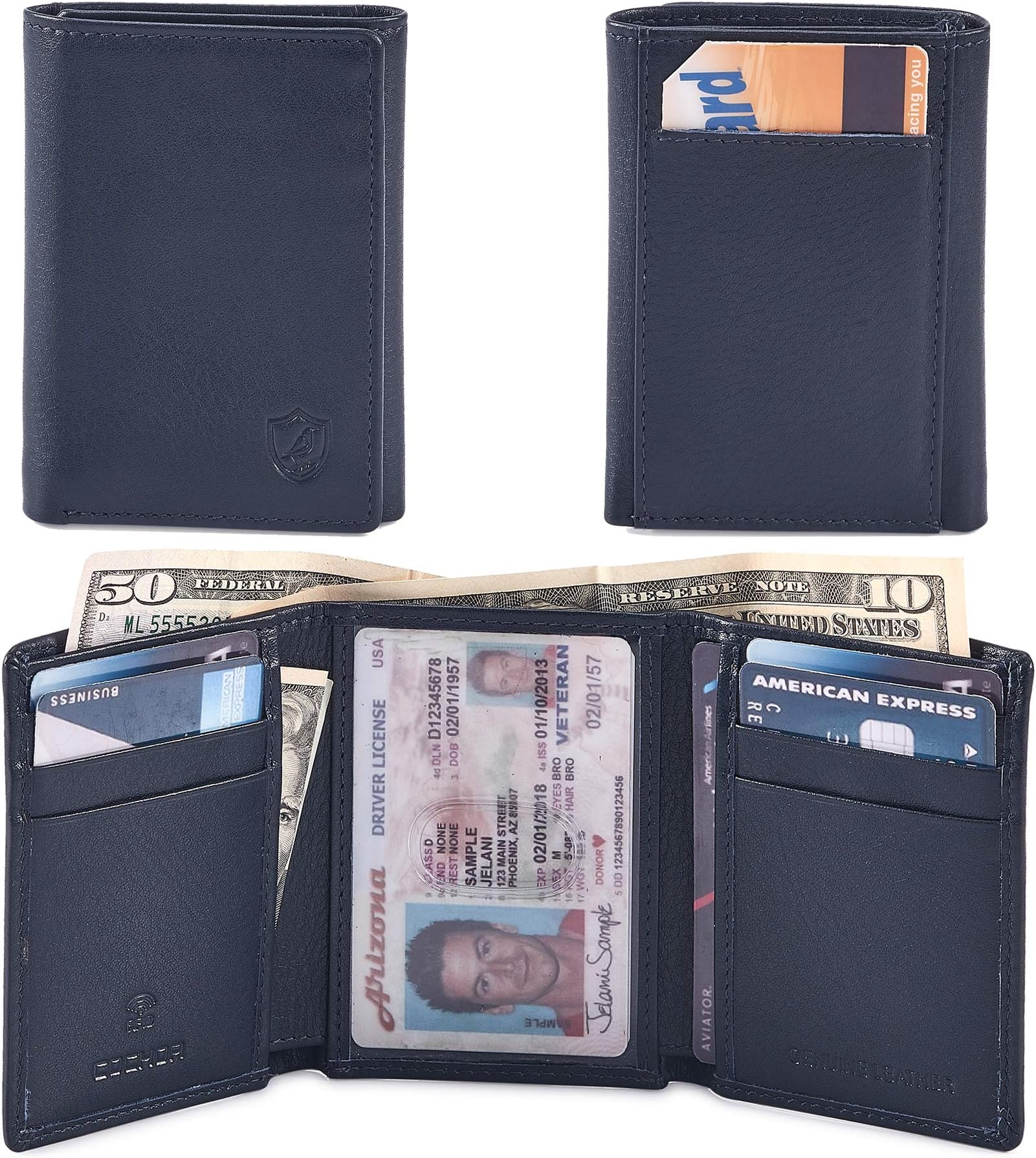 Real Leather Trifold Wallet for Men RFID Blocking Front Pocket Minimalist Slim Design With ID Window Gift Box