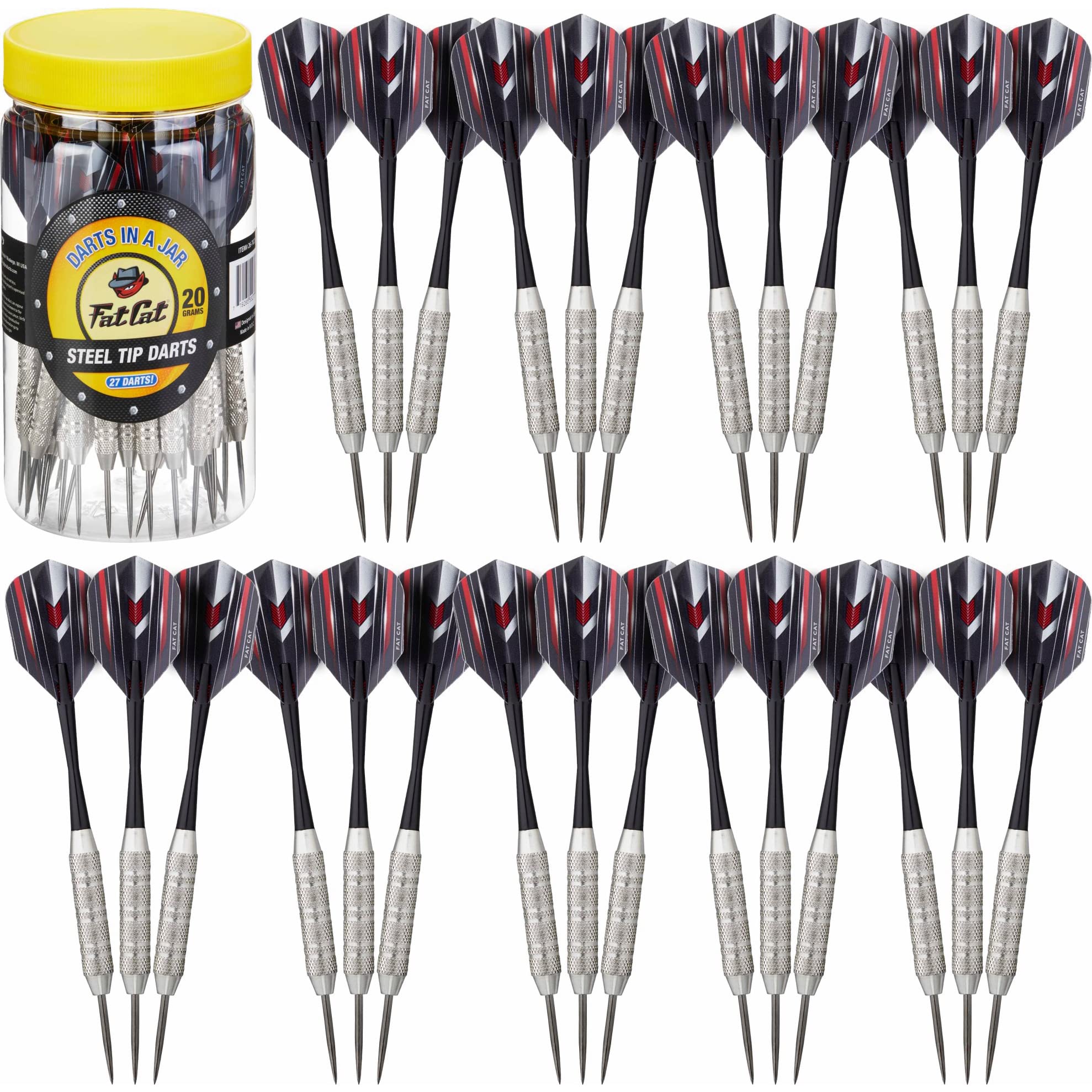 Fat Cat Steel Tip Dart Set (27-Pack), 20-Gram Darts with Plastic Storage Jar for Travel and Organization