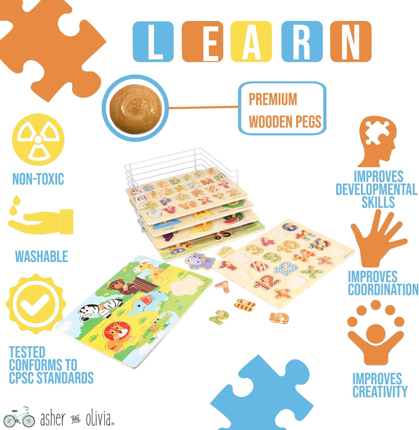 Wooden Toddler Puzzles and Rack Set - (6 Pack) Bundle with Storage Holder Rack and Learning Clock - Kids Educational Preschool Peg Puzzles for Children Babies Boys Girls - Alphabet Numbers Zoo Cars: Toys & Games