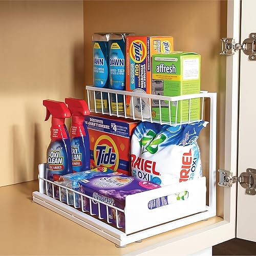Under Sink Organizers Around Pipe - 2-Pack Slide Out Storage Bins, 2-Tier Large Capacity, Heavy Duty Metal Frame Holds 50 lbs, Removable for Kitchen, Bathroom, Vanity, Laundry