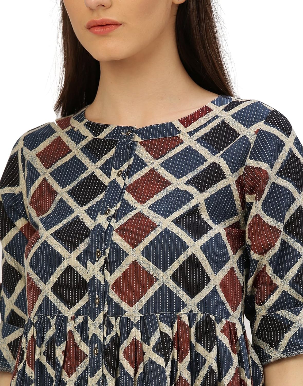 desi fusion women's a-line geometric print cotton kantha dress