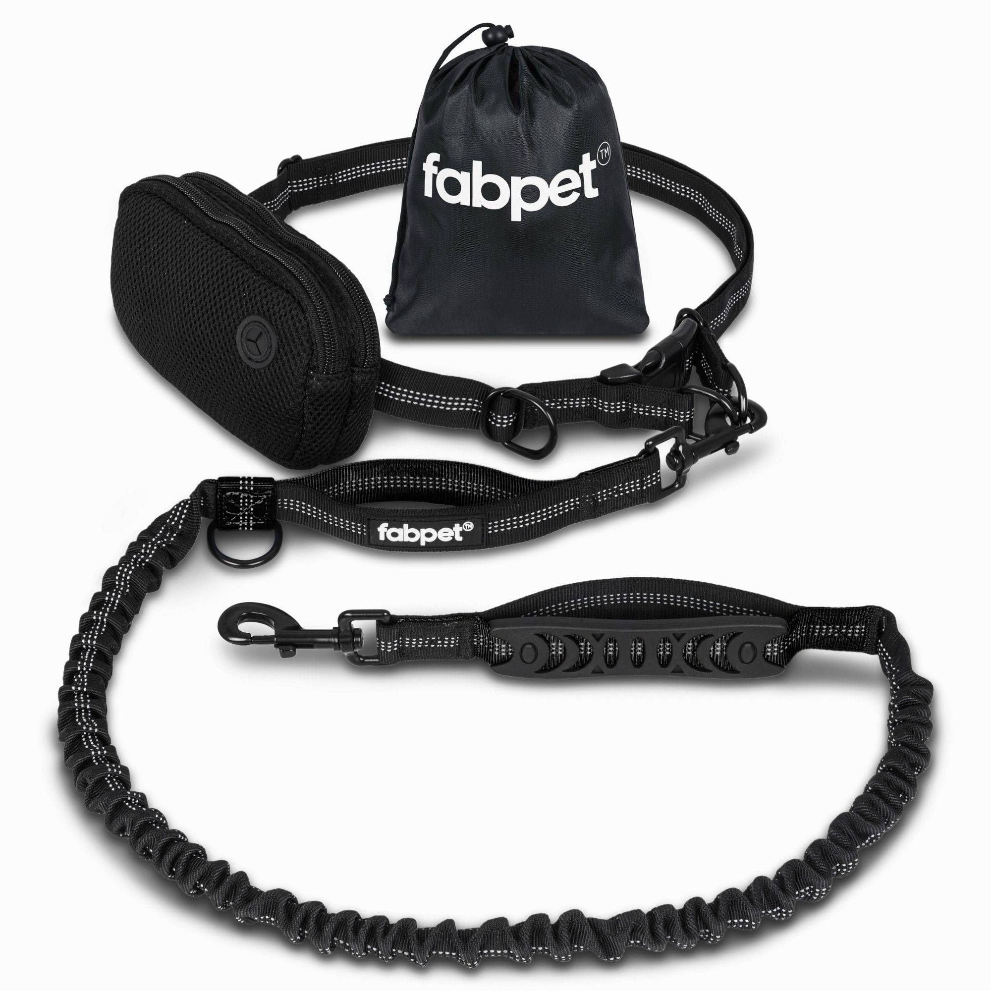 Fabpet Hands Free Dog Lead for Running, Walking and Jogging - Strong Dual D-ring Design up to 60kg, Lightweight Adjustable Waist Belt with Detachable Pouch for Medium & Large Dogs