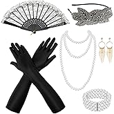 BBTO 6 Pack 1920s Flapper Accessories Set Halloween Party Costume for Women Headpiece Fan Pearl Necklace Earrings and Glove