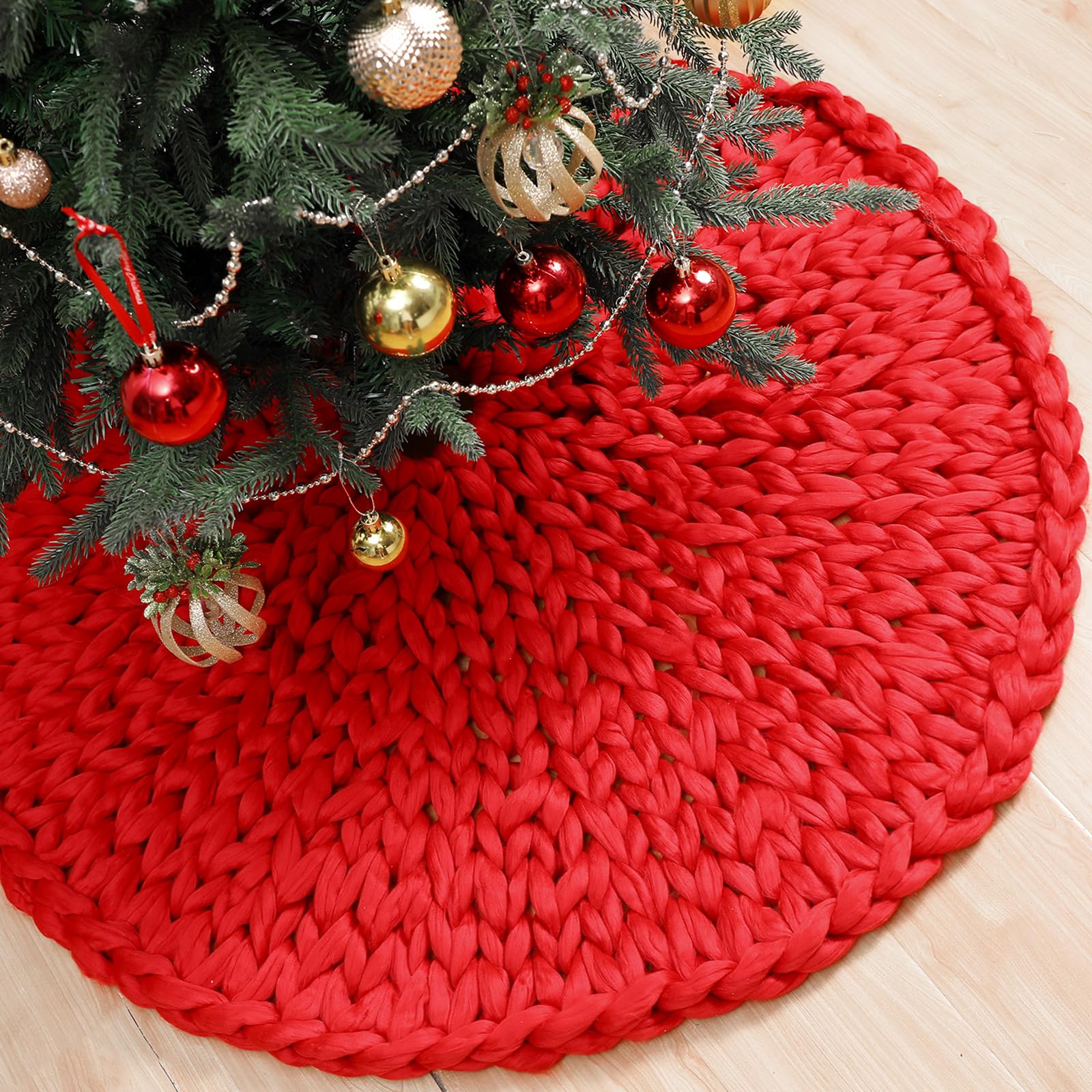 Zomiboo Chunky Knitted Christmas Tree Skirt, 36 Inch Red Crochet Tree Skirt, Chunky Knit Thick Rustic Christmas Trees Decorations, Farmhouse Xmas Holiday Party Decor