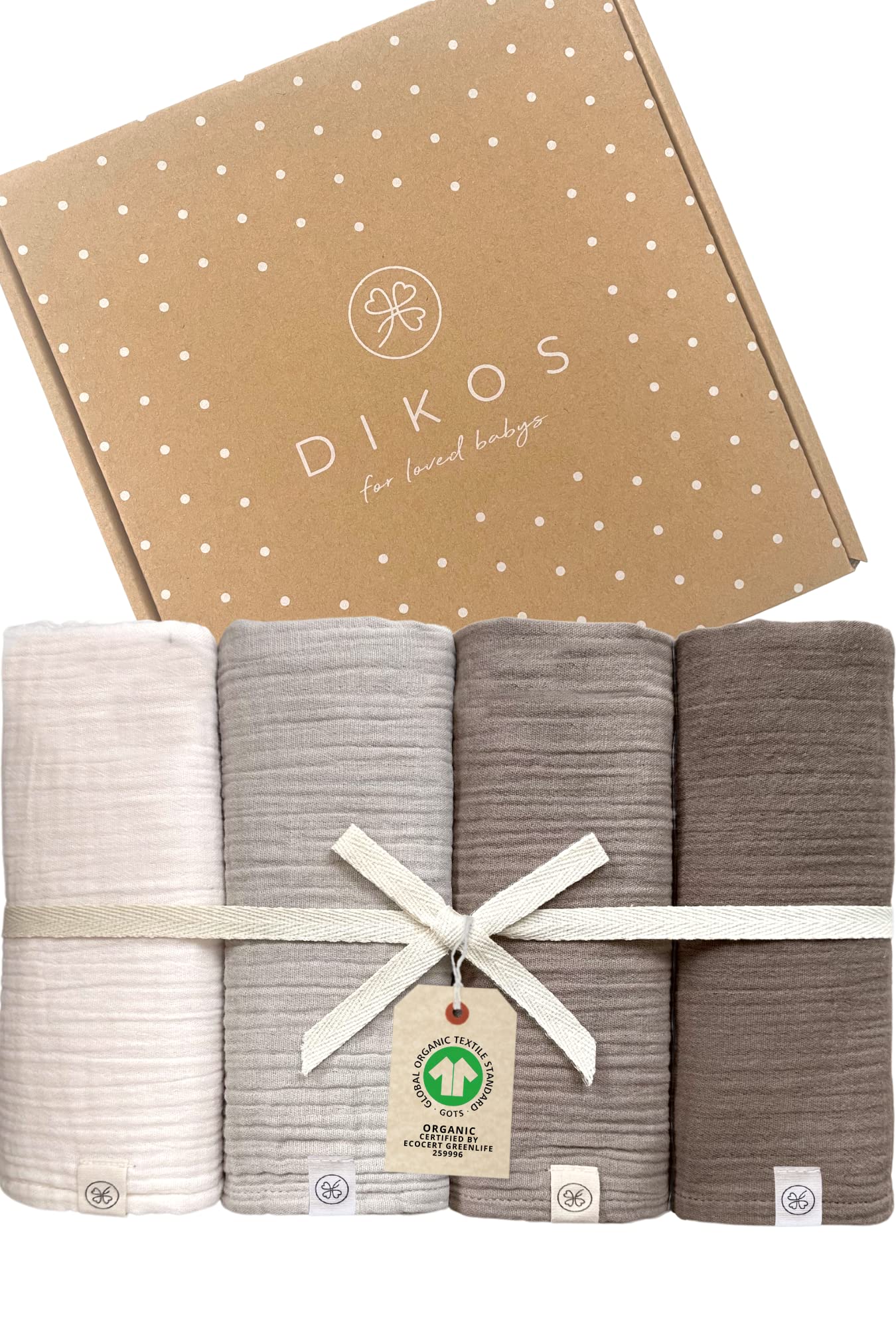DIKOS Premium Baby Muslin Cloths, Set of 4, Warm Grey, Taupe, Cream, 64x64 cm Creped, 100% GOTS Organic Cotton Burp Cloths, Muslin Burp Cloth, Muslin Cloth, Muslin Nappies, Gift for Birth