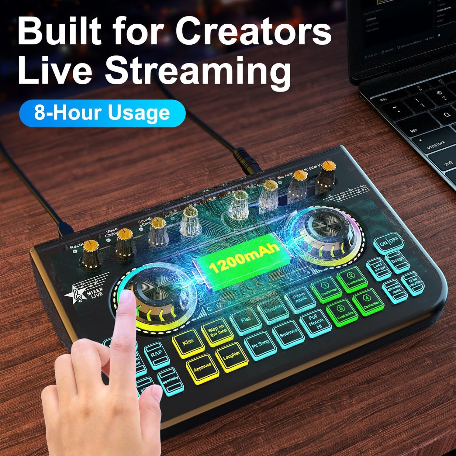 Gaming Audio Mixer Sound Board Mixer w USB Audio Interface Voice Changer, All-in-One Podcast Live Sound Card for Streaming w Soundboard Customizable Soundpads for PC Smartphone Recording Broadcasting