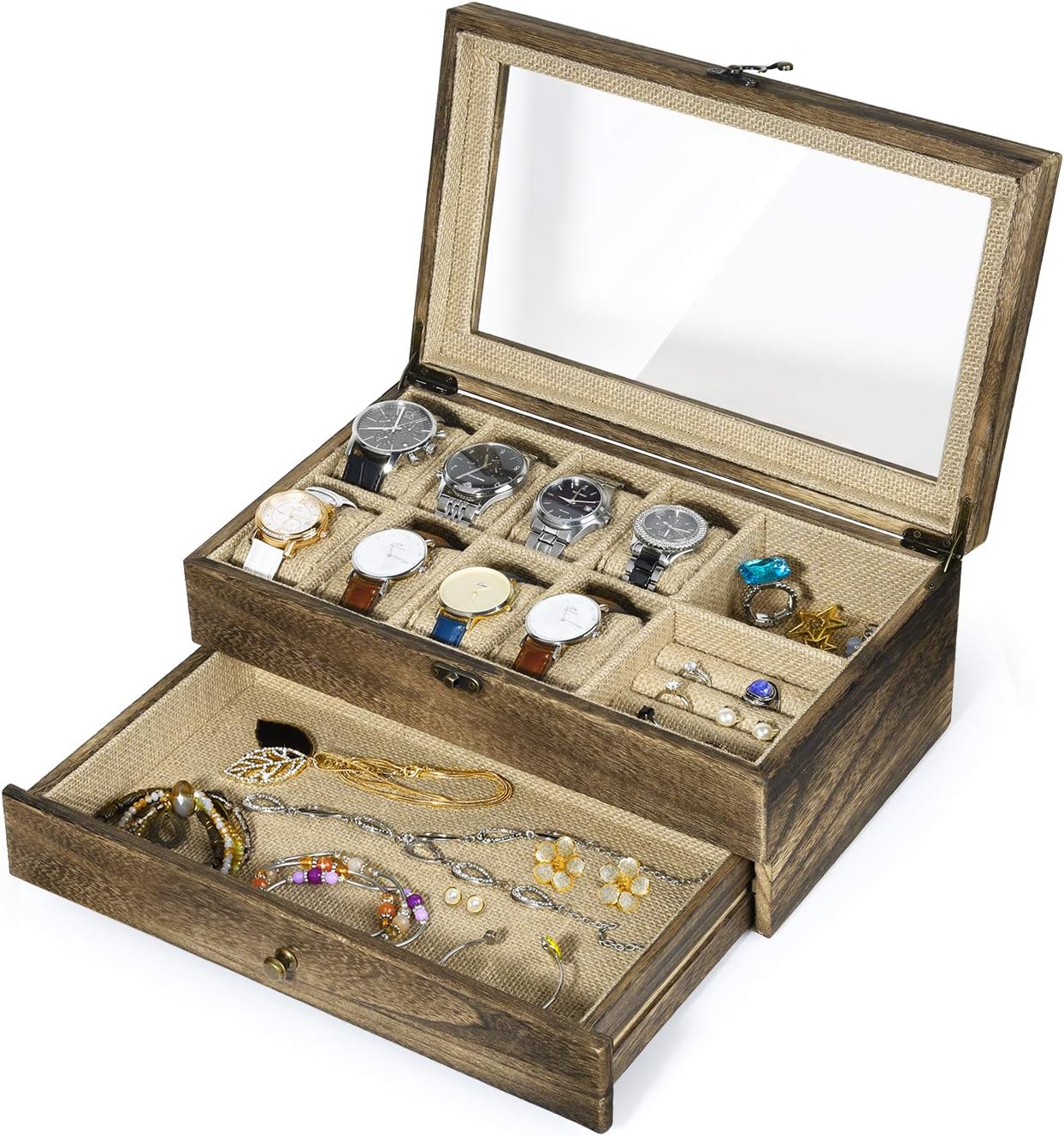 SRIWATANA Watch Box Case, Rustic Solid Wood Watch Organizer, 10 Versatile Slots for Watch, Ring, Bracelet