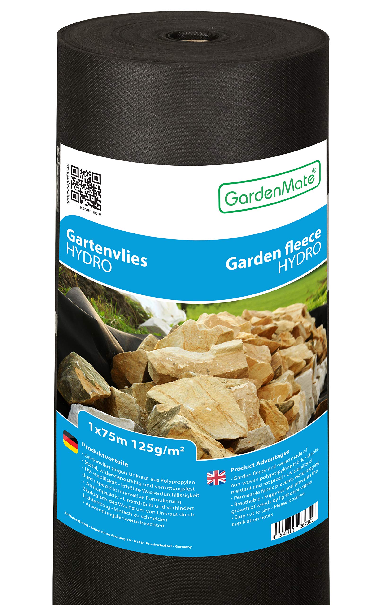 GardenMate HYDRO 1m x 75m Roll non-woven weed control fabric - UV stabilised black 125gsm landscape ground cover membrane - High water permeability