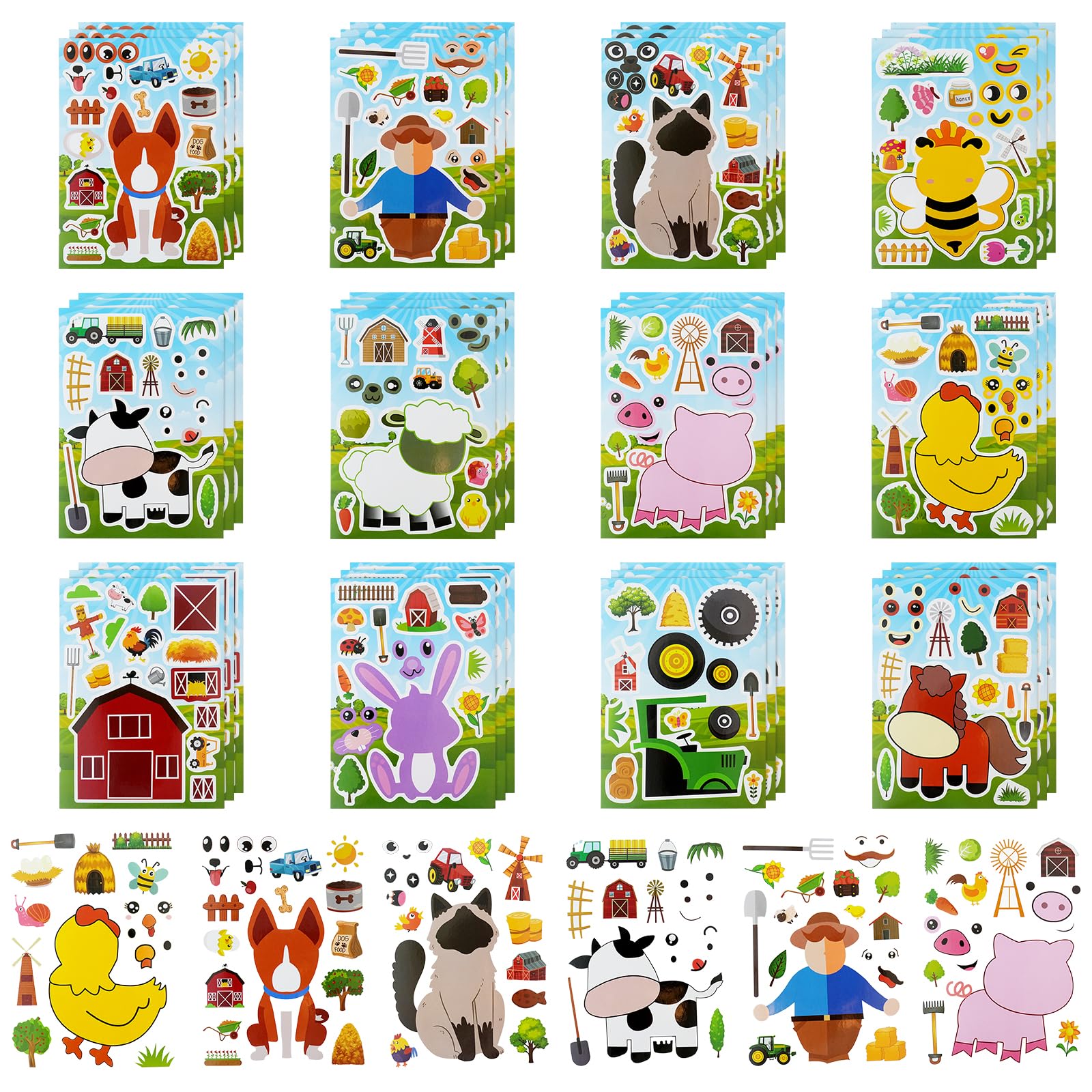 OSDUE 36 PCS Make a Face Sticker, Farm DIY Stickers for Kids Crafts, Make Your Own Stickers Mix and Match Sticker for Birthday Party Decorations Party Supplies (Farm -36 Sheets)